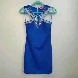 NWT Lulumari Embroiderd Blue Bodycon Mini Dress Size Small
